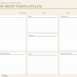 May include: A digital case brief template page from a 2026-27 law school planner. The layout features sections for facts, issue, reasoning, holding, procedural history, rule, and notes and dissent, with a sidebar for navigation.