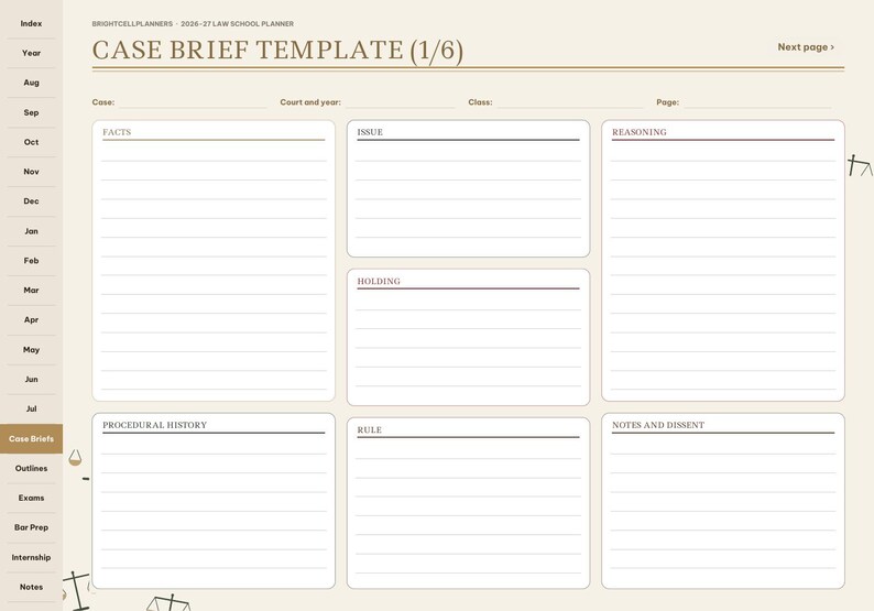 May include: A digital case brief template page from a 2026-27 law school planner. The layout features sections for facts, issue, reasoning, holding, procedural history, rule, and notes and dissent, with a sidebar for navigation.