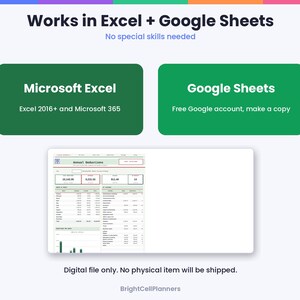 May include: A digital spreadsheet template featuring the text Works in Excel + Google Sheets. Two green rectangular boxes display Microsoft Excel and Google Sheets logos with text instructions. An annual deductions dashboard is shown below.