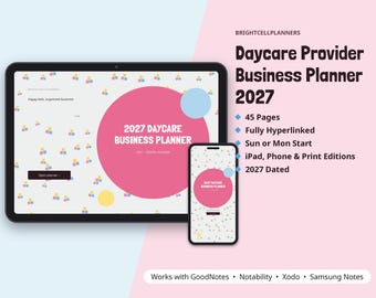 Cyfrowy planer opieki dziennej na rok 2027, Domowy biznes opieki dziennej, Lista obecności, Rejestr czesnego, Karty informacyjne dziecka, Dziennik posiłków