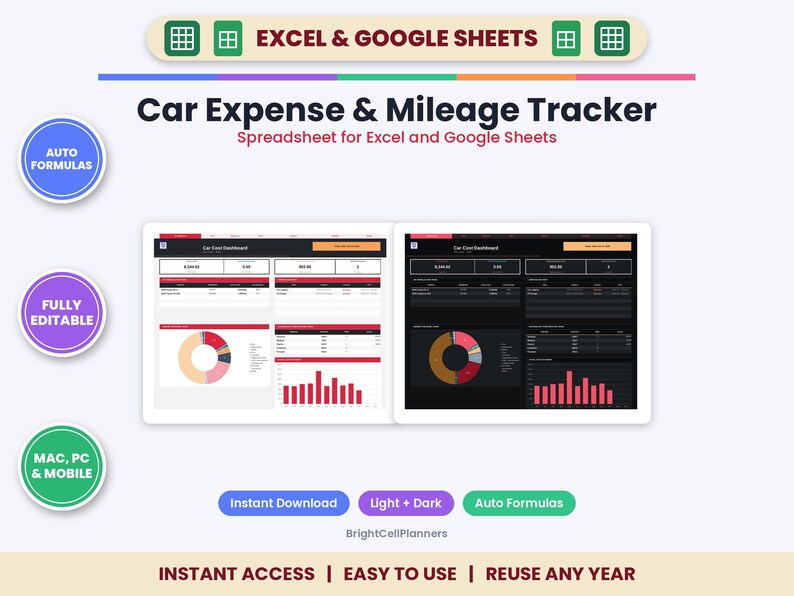 Car Expense & Mileage Tracker Spreadsheet – Excel, Google Sheets (Digital Download) image 1