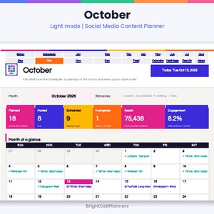 May include: A digital social media content planner for October 2026 in light mode. The interface displays monthly metrics including 18 planned posts, 8 posted, 9 scheduled, 1 in progress, 75,438 reach, and 8.2% engagement. A calendar view shows daily tasks.