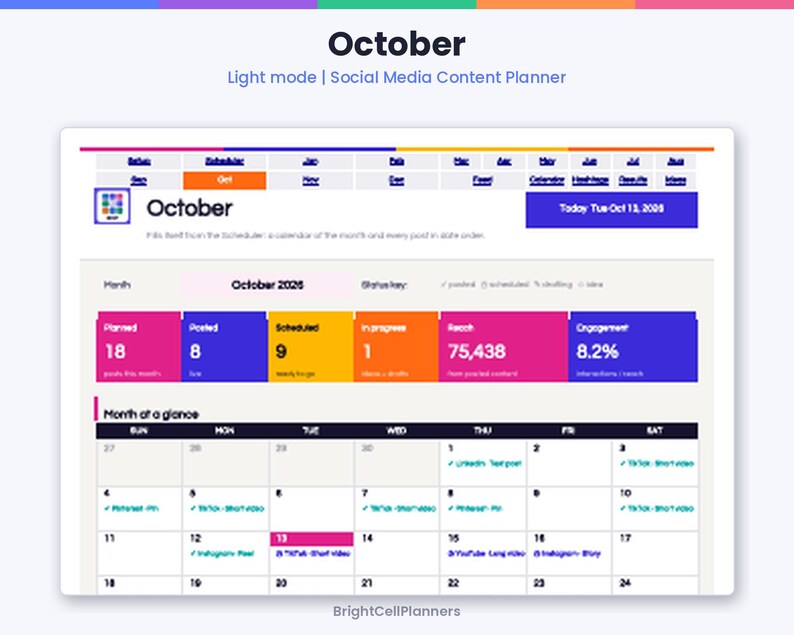 May include: A digital social media content planner for October 2026 in light mode. The interface displays monthly metrics including 18 planned posts, 8 posted, 9 scheduled, 1 in progress, 75,438 reach, and 8.2% engagement. A calendar view shows daily tasks.