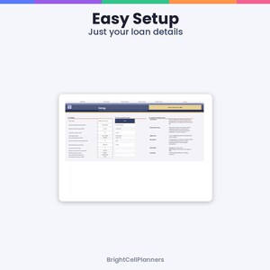 Może przedstawiać: Cyfrowy interfejs zatytułowany Easy Setup Just your loan details, przedstawiający ekran konfiguracji z kolumnami dla ustawień, informacji o pożyczce i danych pożyczkodawcy, zawierający pola do wprowadzania danych.