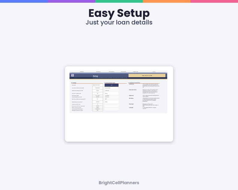 Może przedstawiać: Cyfrowy interfejs zatytułowany Easy Setup Just your loan details, przedstawiający ekran konfiguracji z kolumnami dla ustawień, informacji o pożyczce i danych pożyczkodawcy, zawierający pola do wprowadzania danych.