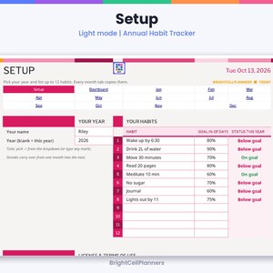 May include: An annual habit tracker digital planner page titled Setup. It features a table for 12 habits, goal percentages, and status indicators. Text includes 'Wake up by 6:30', 'Drink 2L of water', 'Move 30 minutes', and 'Read 20 pages'.