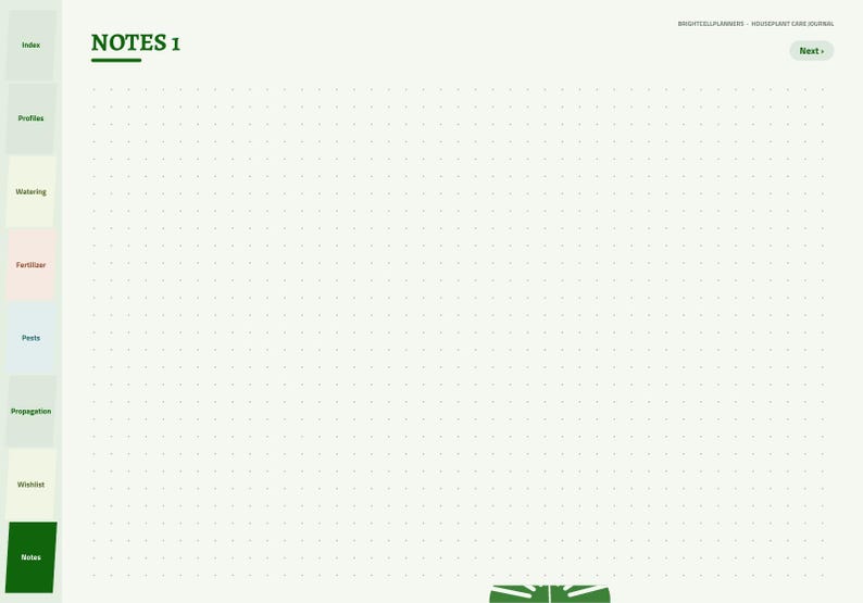May include: A digital planner page titled NOTES 1 with a light cream background and a subtle dot grid pattern. The left side features a vertical navigation bar with tabs labeled Index, Profiles, Watering, Fertilizer, Pests, Propagation, Wishlist, and Notes.