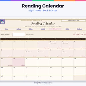 May include: A digital reading calendar for October 2026 featuring a book tracker layout. The interface includes tabs for setup, book log, gallery, bookshelf, calendar, wishlist, and dashboard. It displays a monthly grid with book titles.