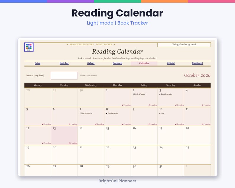 May include: A digital reading calendar for October 2026 featuring a book tracker layout. The interface includes tabs for setup, book log, gallery, bookshelf, calendar, wishlist, and dashboard. It displays a monthly grid with book titles.