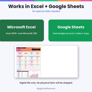 Może przedstawiać: Cyfrowy szablon arkusza kalkulacyjnego z tekstem Works in Excel + Google Sheets, No special skills needed. Zawiera dwa zielone pola z etykietami Microsoft Excel i Google Sheets oraz podgląd narzędzia do śledzenia finans&oacute;w Sinking Funds.