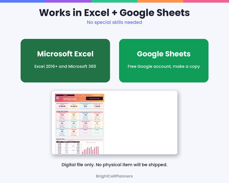 Może przedstawiać: Cyfrowy szablon arkusza kalkulacyjnego z tekstem Works in Excel + Google Sheets, No special skills needed. Zawiera dwa zielone pola z etykietami Microsoft Excel i Google Sheets oraz podgląd narzędzia do śledzenia finans&oacute;w Sinking Funds.
