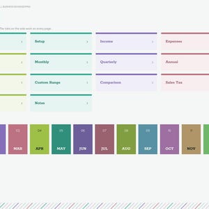 May include: A digital 2027 small business bookkeeping planner index page featuring a grid of navigation tiles labeled Year at a glance, Setup, Income, Expenses, Mileage, Monthly, Quarterly, Annual, Year, Custom Range, Comparison, Sales Tax, Bank Accounts, and Notes.