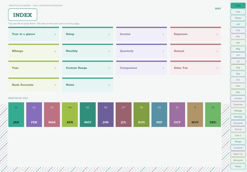 May include: A digital 2027 small business bookkeeping planner index page featuring a grid of navigation tiles labeled Year at a glance, Setup, Income, Expenses, Mileage, Monthly, Quarterly, Annual, Year, Custom Range, Comparison, Sales Tax, Bank Accounts, and Notes.