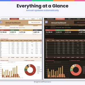K&ouml;nnte beinhalten: Eine digitale Jahres-Dashboard-Tabellenvorlage in hellem und dunklem Modus. Die Benutzeroberfl&auml;che zeigt Finanzdaten wie Umsatz, Geb&uuml;hren, Ausgaben und Nettogewinn mit Tabellen, Balkendiagrammen und Tortendiagrammen. Text beinhaltet Everything at a Glance, Annual Dashboard und BrightCellPlanners.