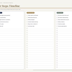 May include: A digital planner page titled First Steps Timeline with a sidebar menu. It features three columns for tasks labeled First days, First two weeks, and First months, each containing checkboxes and blank lines for tracking estate executor duties.