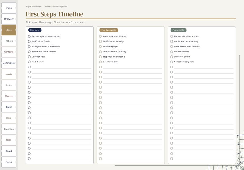May include: A digital planner page titled First Steps Timeline with a sidebar menu. It features three columns for tasks labeled First days, First two weeks, and First months, each containing checkboxes and blank lines for tracking estate executor duties.