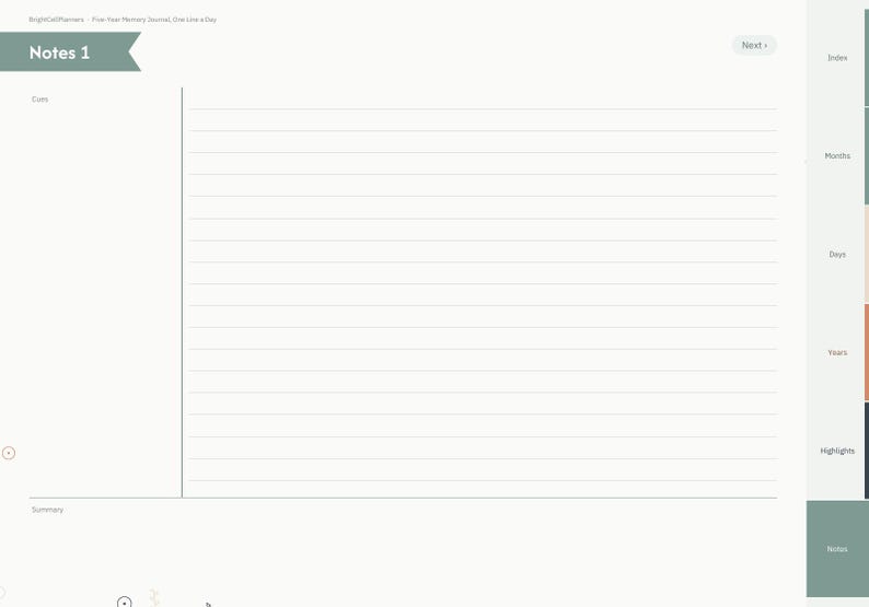 May include: A digital planner page titled Notes 1 with a green header, featuring a large lined writing area, a vertical column on the left, and a summary section at the bottom. The right sidebar contains navigation tabs for Index, Months, Days, Years, Highlights, and Notes.