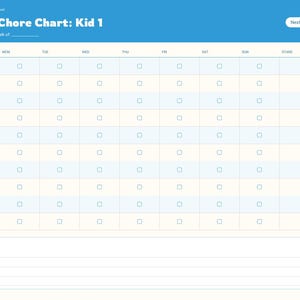 May include: A digital weekly chore chart template titled Weekly Chore Chart: Kid 1 with a blue header, a grid for tracking daily tasks from Monday to Sunday, a column for stars, and a section for notes at the bottom, featuring a side navigation menu.