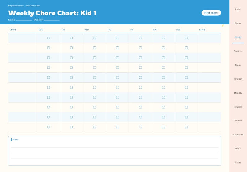 May include: A digital weekly chore chart template titled Weekly Chore Chart: Kid 1 with a blue header, a grid for tracking daily tasks from Monday to Sunday, a column for stars, and a section for notes at the bottom, featuring a side navigation menu.