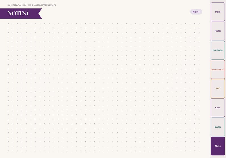 May include: A digital planner page titled NOTES 1 with a dot grid background. The top left corner features a purple banner. A vertical navigation bar on the right side contains tabs labeled Index, Profile, Hot Flashes, Sleep and Mood, HRT, Cycle, Doctor, and Notes.