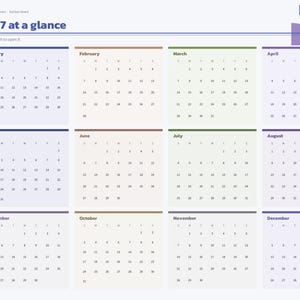May include: A digital 2027 calendar planner interface titled 2027 at a glance. It features a grid of twelve monthly calendars with a navigation sidebar on the left containing tabs for Index, Year, Setup, Board, Tasks, Dashboard, and months.