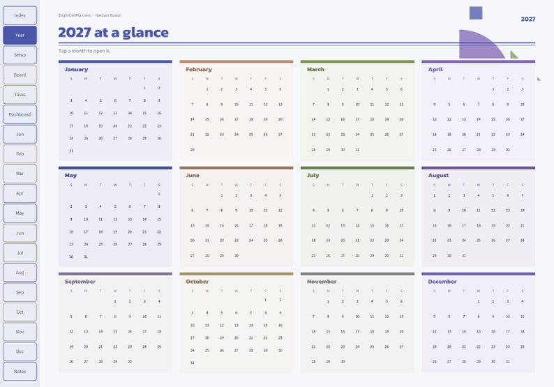 May include: A digital 2027 calendar planner interface titled 2027 at a glance. It features a grid of twelve monthly calendars with a navigation sidebar on the left containing tabs for Index, Year, Setup, Board, Tasks, Dashboard, and months.