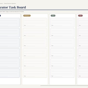 May include: An Executor Task Board digital planner page featuring a vertical navigation sidebar and four columns labeled To do, Waiting on, Done, and Filed. Each column contains blank task cards with lines for text and a due date field.
