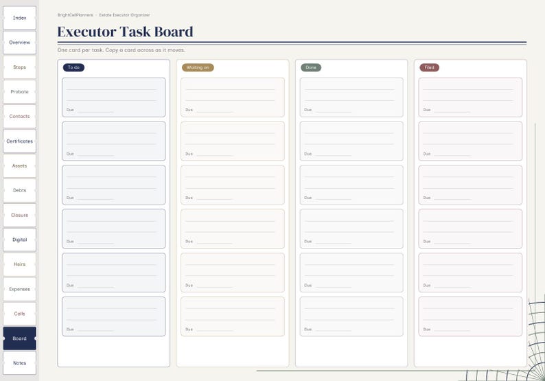 May include: An Executor Task Board digital planner page featuring a vertical navigation sidebar and four columns labeled To do, Waiting on, Done, and Filed. Each column contains blank task cards with lines for text and a due date field.