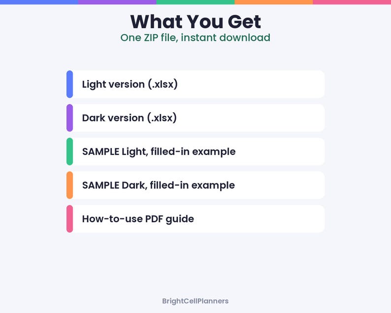 Puede incluir: Una lista de productos digitales titulada What You Get, One ZIP file, instant download. Incluye Light version .xlsx, Dark version .xlsx, SAMPLE Light filled-in example, SAMPLE Dark filled-in example y un How-to-use PDF guide. BrightCellPlanners.