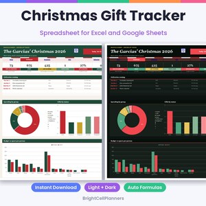 Puede incluir: Una hoja de c&aacute;lculo digital para el seguimiento de regalos de Navidad para Excel y Google Sheets, con versiones en modo claro y oscuro. El panel muestra tablas de datos, gr&aacute;ficos de anillos y barras para controlar gastos y regalos.