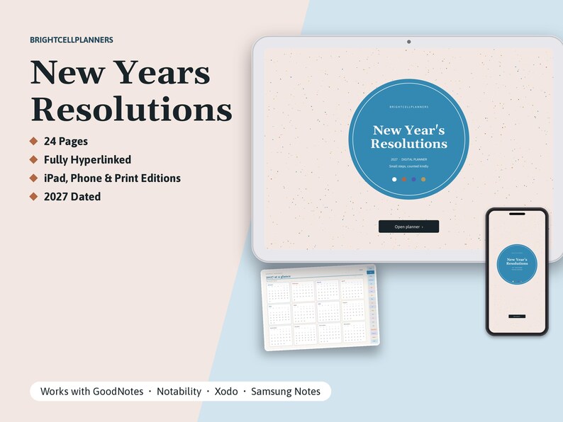 2027 Digital New Year's Resolutions, Tablet New Year's Resolutions PDF, Hyperlinked Planner, Monthly Check-in, Reflections image 1