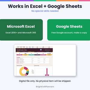 Puede incluir: Una plantilla de hoja de c&aacute;lculo digital con el texto Works in Excel + Google Sheets. Incluye dos cuadros verdes que detallan la compatibilidad con Microsoft Excel 2016+ y Google Sheets, adem&aacute;s de una vista previa del panel Small Studio Talks.