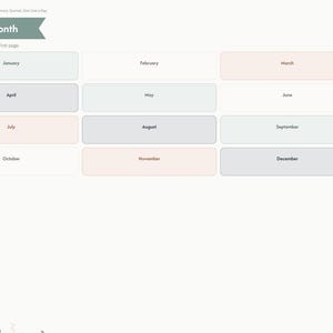 May include: A digital planner interface titled Jump to a Month with twelve rectangular buttons labeled January through December. The layout features a sidebar with tabs for Index, Months, Days, Years, Highlights, and Notes in muted tones.