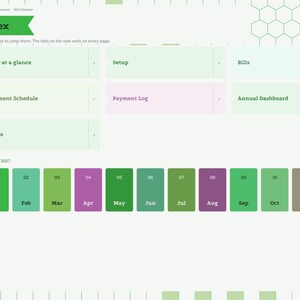 May include: A digital planner index page for 2027 featuring a green sidebar with navigation tabs. The main area contains rectangular tiles labeled Year at a glance, Setup, Bills, Payment Schedule, Payment Log, Annual Dashboard, and Notes.
