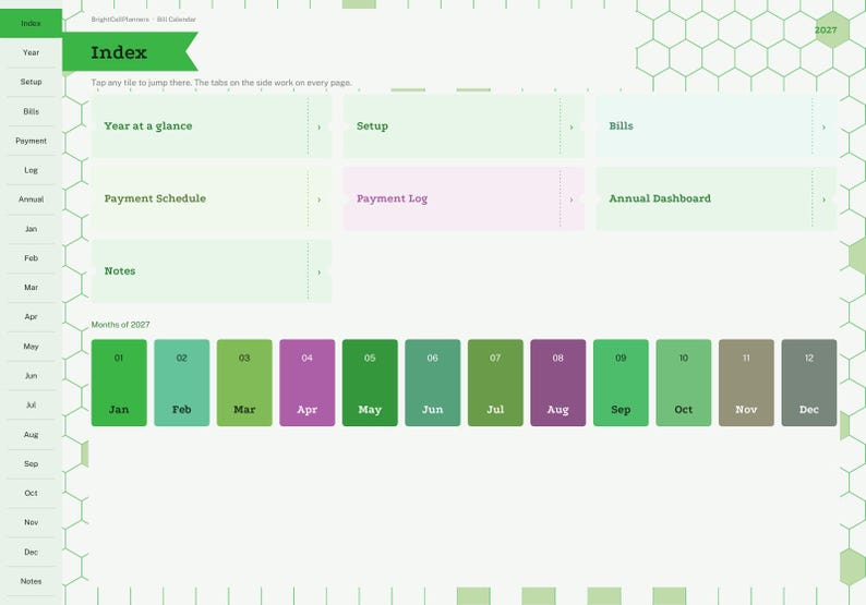May include: A digital planner index page for 2027 featuring a green sidebar with navigation tabs. The main area contains rectangular tiles labeled Year at a glance, Setup, Bills, Payment Schedule, Payment Log, Annual Dashboard, and Notes.