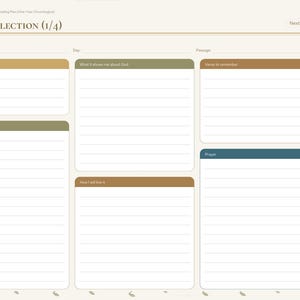 May include: A digital daily reflection planner page with the text Daily Reflection (1/4). It features sections for Date, Day, Passage, Today I need, What it shows me about God, Verse to remember, What stood out, How I will live it, and Prayer.