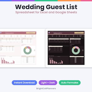 May include: A digital wedding guest list spreadsheet for Excel and Google Sheets featuring light and dark mode dashboards. The interface displays tables, a donut chart, and bar graphs for tracking guest data. Text includes Wedding Guest List, Spreadsheet for Excel and Google Sheets, Instant Download, Light + Dark, Auto Formulas, and BrightCellPlanners.