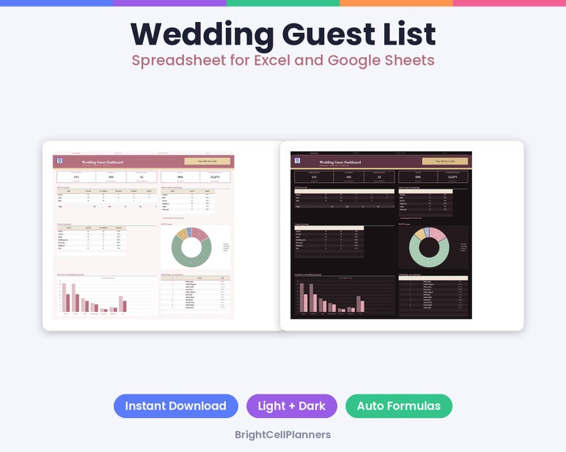 May include: A digital wedding guest list spreadsheet for Excel and Google Sheets featuring light and dark mode dashboards. The interface displays tables, a donut chart, and bar graphs for tracking guest data. Text includes Wedding Guest List, Spreadsheet for Excel and Google Sheets, Instant Download, Light + Dark, Auto Formulas, and BrightCellPlanners.
