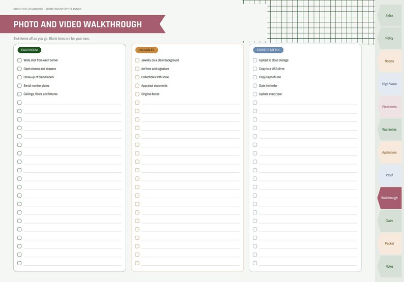 Puede incluir: Una p&aacute;gina de planificador de inventario dom&eacute;stico digital titulada Photo and Video Walkthrough. Incluye tres columnas con listas de verificaci&oacute;n para Each Room, Valuables y Store It Safely, adem&aacute;s de un men&uacute; lateral con pesta&ntilde;as de navegaci&oacute;n.