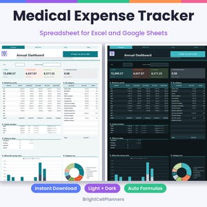 Puede incluir: Una hoja de c&aacute;lculo digital para el seguimiento de gastos m&eacute;dicos para Excel y Google Sheets, con dos versiones: una con fondo claro y otra con fondo oscuro. Ambas muestran un panel anual con tablas, gr&aacute;ficos y datos financieros.