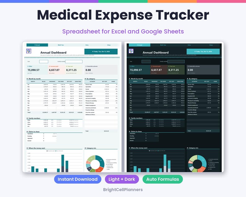 Puede incluir: Una hoja de c&aacute;lculo digital para el seguimiento de gastos m&eacute;dicos para Excel y Google Sheets, con dos versiones: una con fondo claro y otra con fondo oscuro. Ambas muestran un panel anual con tablas, gr&aacute;ficos y datos financieros.
