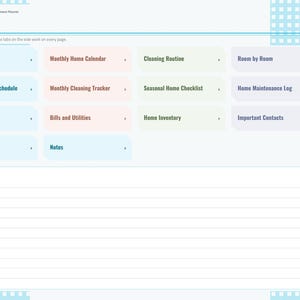 May include: A digital home management planner index page featuring a grid of clickable tiles labeled Setup, Monthly Home Calendar, Cleaning Routine, Room by Room, Weekly Cleaning Schedule, Monthly Cleaning Tracker, Seasonal Home Checklist, Home Maintenance Log, Declutter Tracker, Bills and Utilities, Home Inventory, Important Contacts, Weekly Home Plan, and Notes, with a lined section for quick notes.