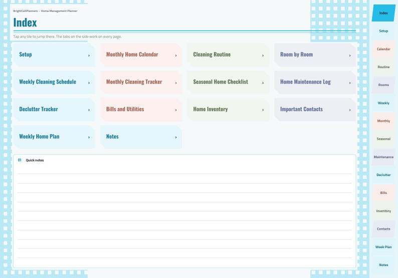 May include: A digital home management planner index page featuring a grid of clickable tiles labeled Setup, Monthly Home Calendar, Cleaning Routine, Room by Room, Weekly Cleaning Schedule, Monthly Cleaning Tracker, Seasonal Home Checklist, Home Maintenance Log, Declutter Tracker, Bills and Utilities, Home Inventory, Important Contacts, Weekly Home Plan, and Notes, with a lined section for quick notes.