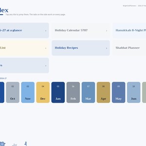 May include: A digital planner index page titled Index with navigation tabs on the left. It features sections for 2026-27 at a glance, Holiday Calendar 5787, Hanukkah 8-Night Plan, Gift List, Holiday Recipes, Shabbat Planner, and Notes.