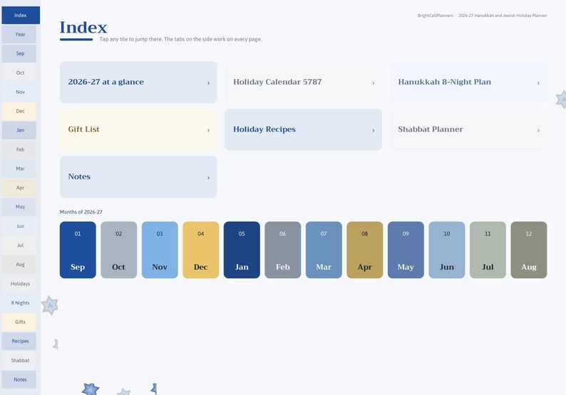 May include: A digital planner index page titled Index with navigation tabs on the left. It features sections for 2026-27 at a glance, Holiday Calendar 5787, Hanukkah 8-Night Plan, Gift List, Holiday Recipes, Shabbat Planner, and Notes.