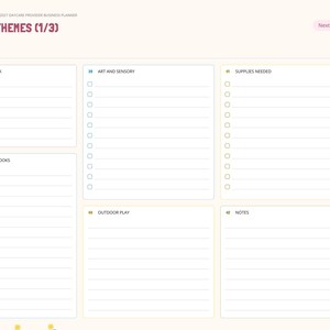 May include: A digital planner page titled Lesson Themes (1/3) for a daycare provider. The layout includes sections for Theme of the Week, Art and Sensory, Supplies Needed, Circle Time and Books, Outdoor Play, and Notes with a side navigation tab.