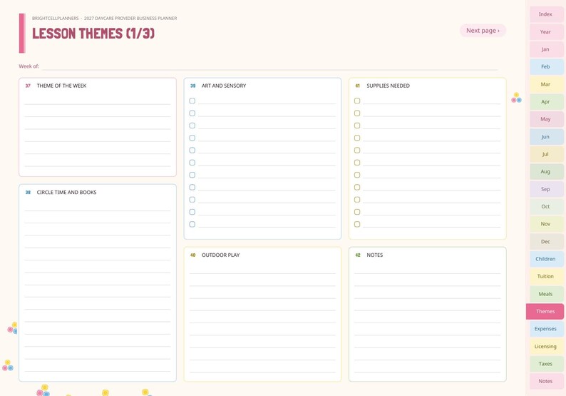 May include: A digital planner page titled Lesson Themes (1/3) for a daycare provider. The layout includes sections for Theme of the Week, Art and Sensory, Supplies Needed, Circle Time and Books, Outdoor Play, and Notes with a side navigation tab.