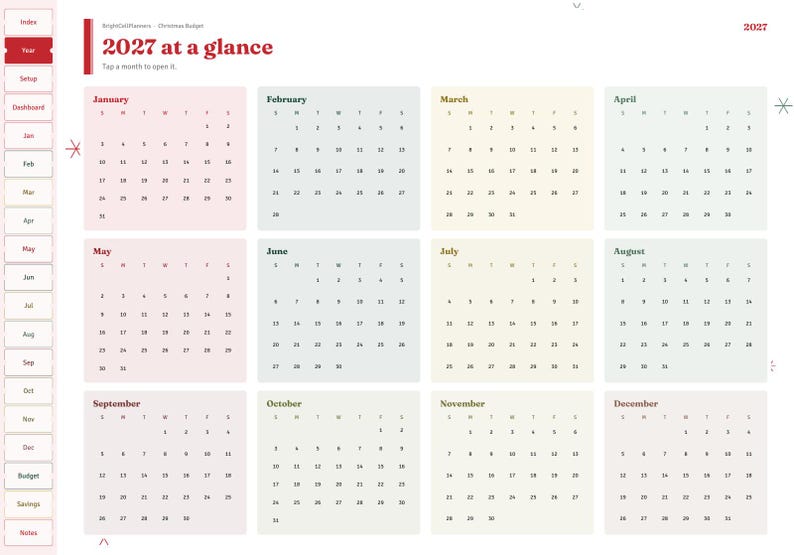 Peut inclure: Une page de calendrier num&eacute;rique 2027 intitul&eacute;e 2027 at a glance. Elle pr&eacute;sente douze grilles mensuelles aux couleurs pastel avec une barre de navigation verticale sur la gauche contenant des onglets pour Index, Year, Setup, Dashboard, les mois, Budget, Savings et Notes.