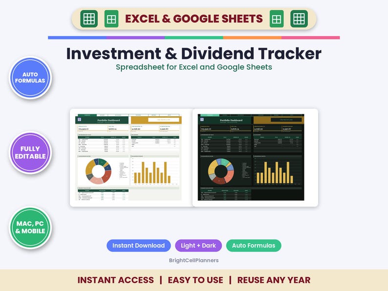 Hoja de cálculo para el seguimiento de dividendos en Excel y Google Sheets: seguimiento de cartera de acciones, rentabilidad sobre el coste, objetivo de ingresos por dividendos. imagen 1