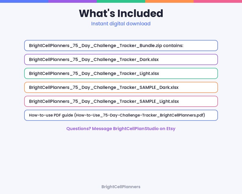 Może przedstawiać: Cyfrowa infografika do pobrania zatytułowana What's Included, zawierająca listę zawartości pakietu BrightCellPlanners 75 Day Challenge Tracker.zip, w tym ciemne i jasne pliki Excel, pliki przykładowe oraz przewodnik w formacie PDF.